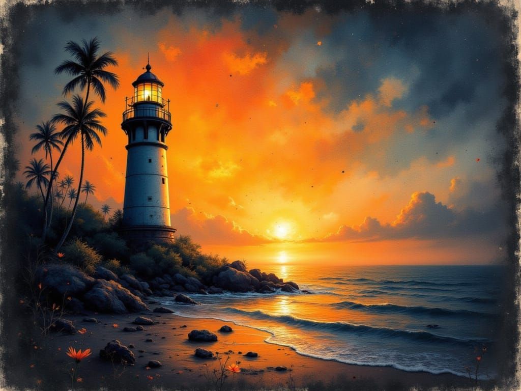 <lora:HRH-petals and paws:1.0> Aged black canvas, lighthouse on a deserted tropical island, streaked sunset,