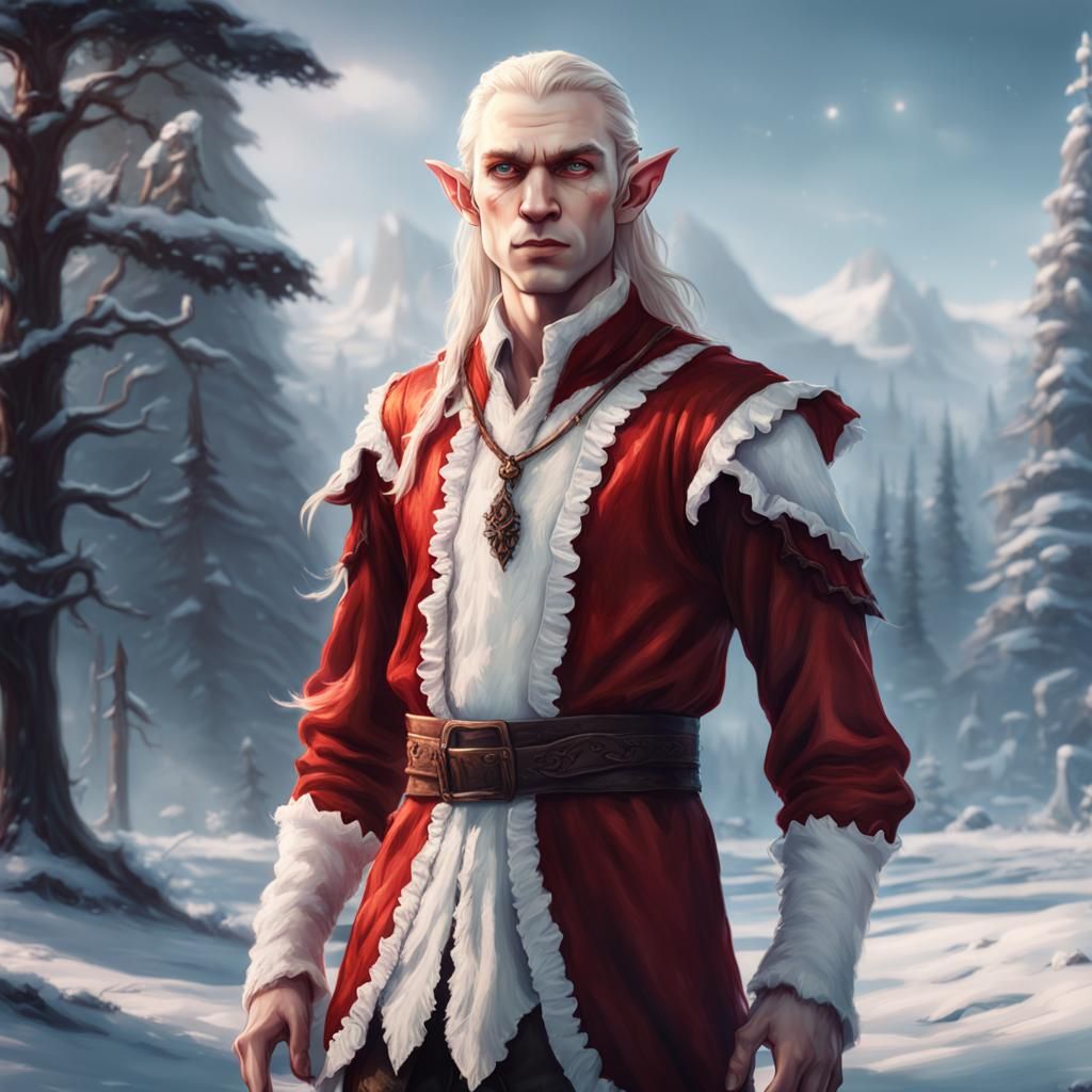 albino handsome  boy elf with long hair wearing ruffled red ...
