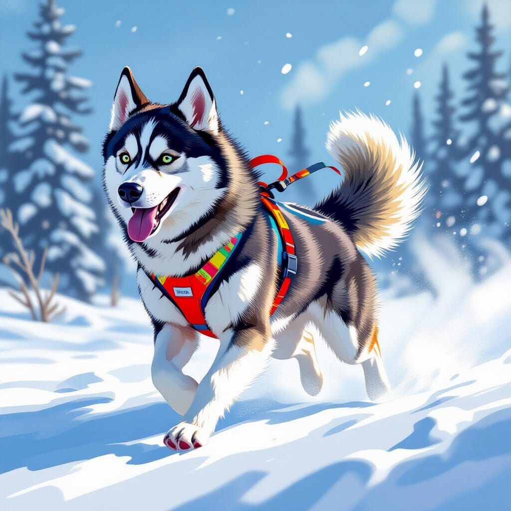 Siberian Husky Runs Through Snowy Landscape