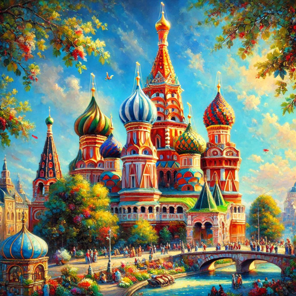 Oil painting, scene of st. basil's in summer