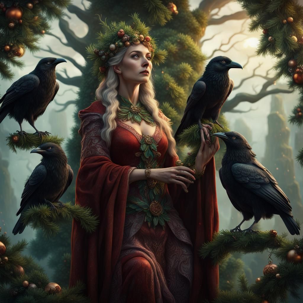 The great mother goddess holding Three Ravens while the green man ...