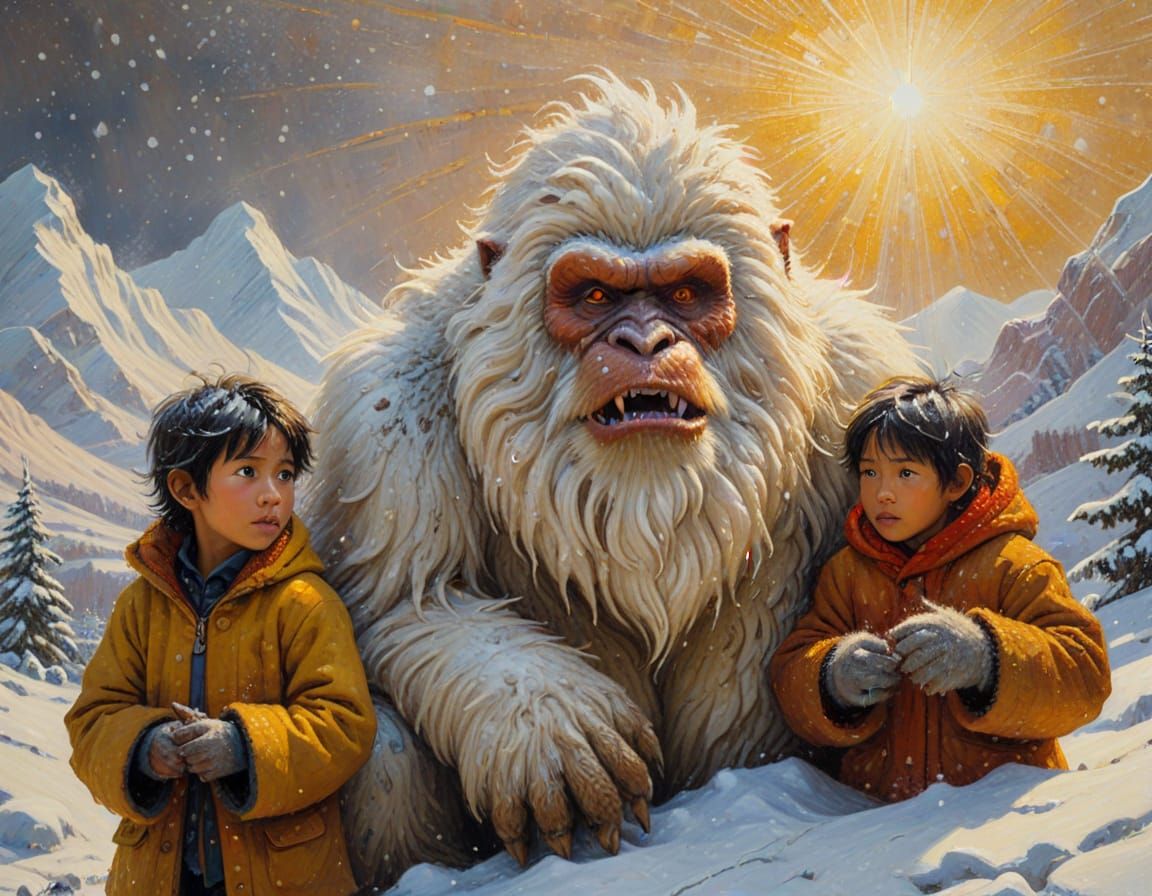 a yeti protects two nepalese children in a snowstorm  by @BuddyD