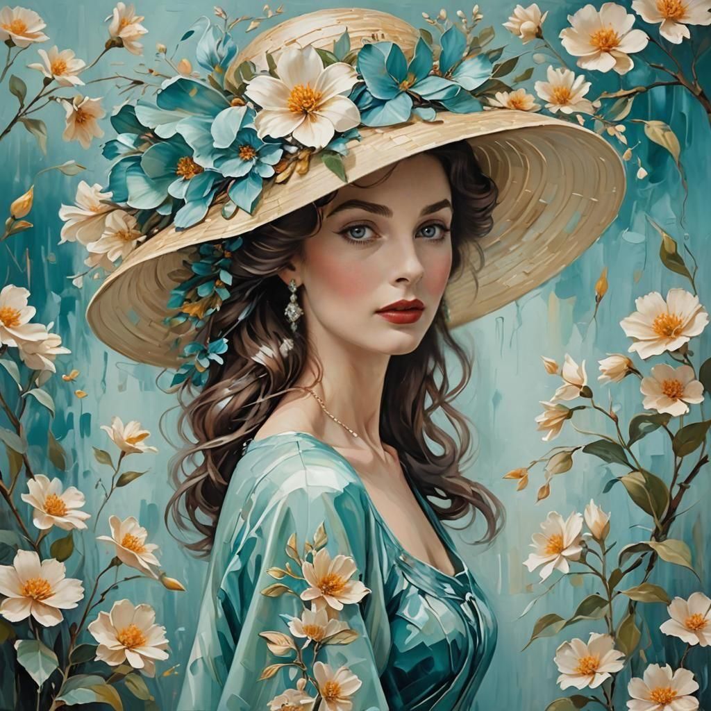 A graceful woman wearing an elegant flowery hat is captured ...