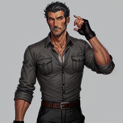 Male adventurer, adult, handsome, in his mid 40s, dark curly...