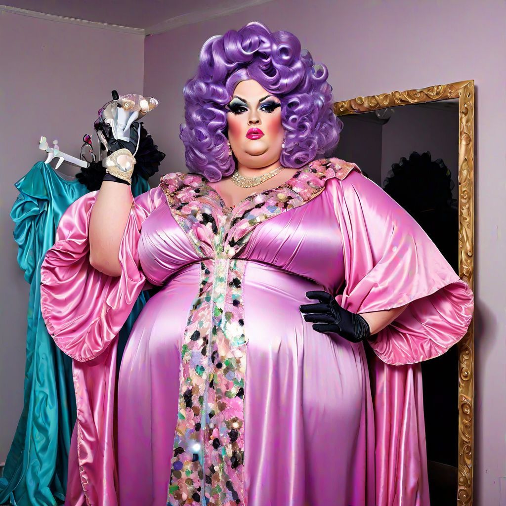 Poofy Extravagant Ultra Femme Fat Obese Overweight Drag Queens wearing Satin Caftan Kaftan Abaya