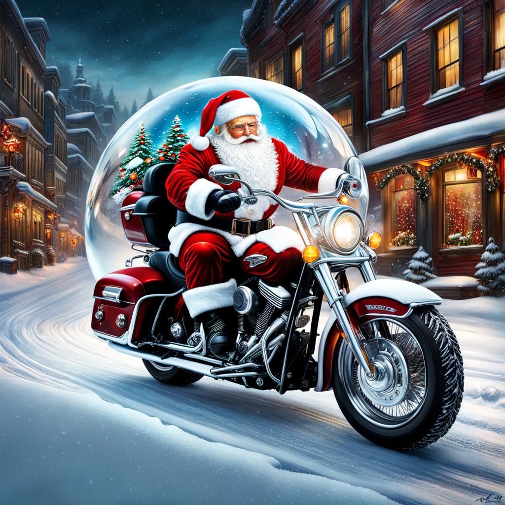 Santa Claus biker on his Harley Davidson motorcycle escaping from a ...