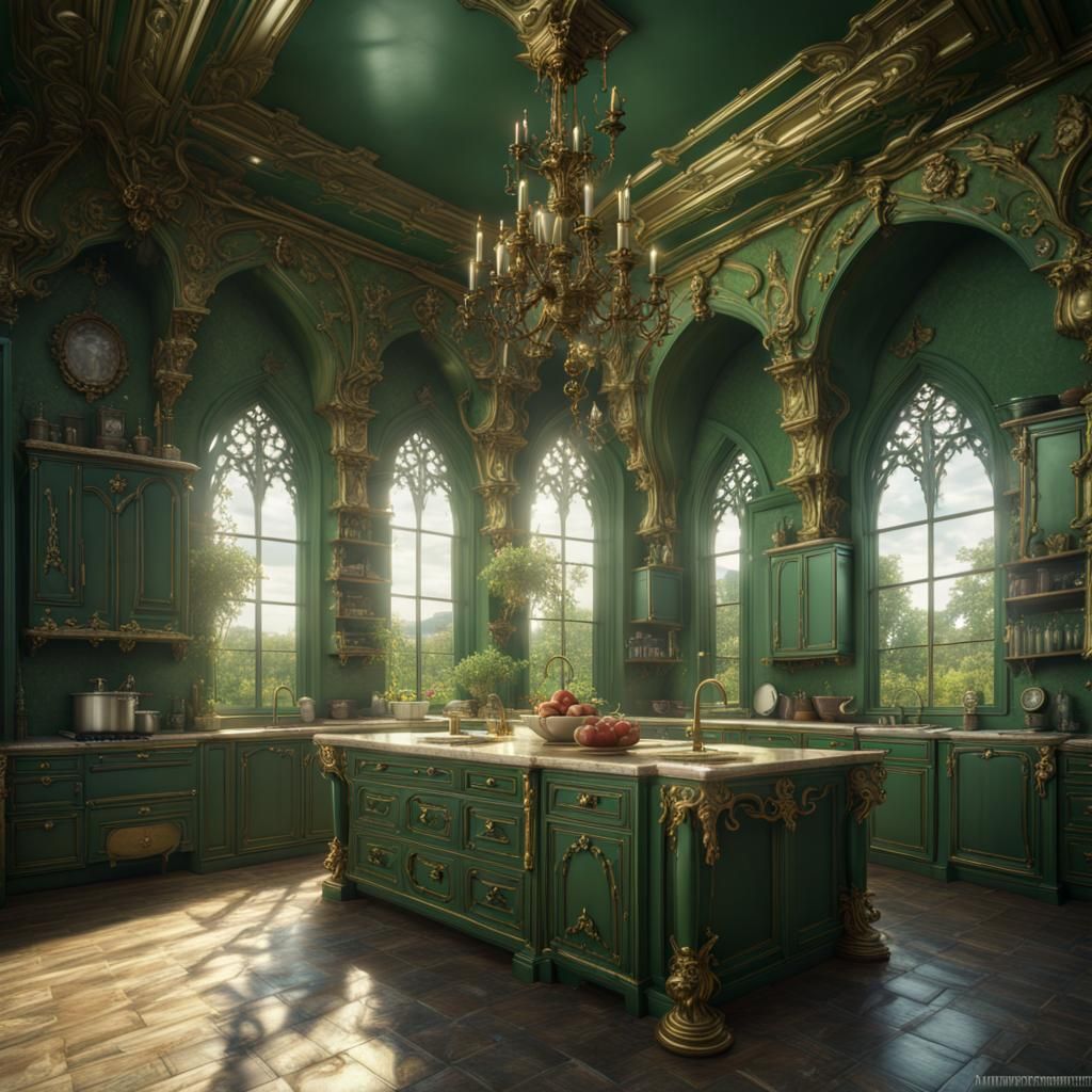 Huge green rococo gothic royal kitchen with gold accents and large ...