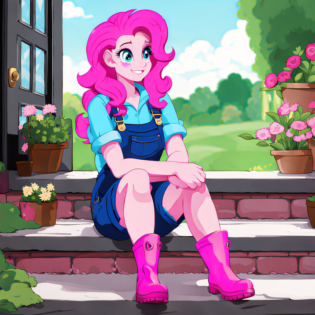 Human Pinkie Pie from My Little Pony, human face, pink hair. Sitting on her doorstep after gardening