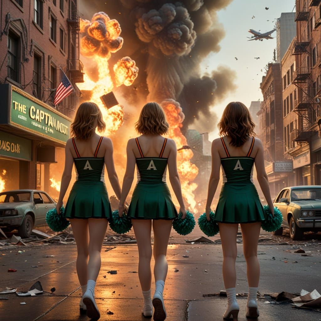 Cheerleaders Amidst War-Torn Cityscape in 'War of the Worlds...