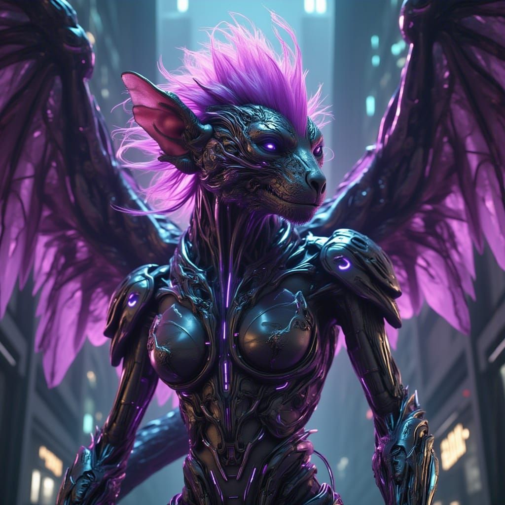 <lora:Beast Wars:1.0> Humanoid dragon monkey, lithe build, sharp teeth, wearing cybernetic armor, large feathered wings with metallic purple...