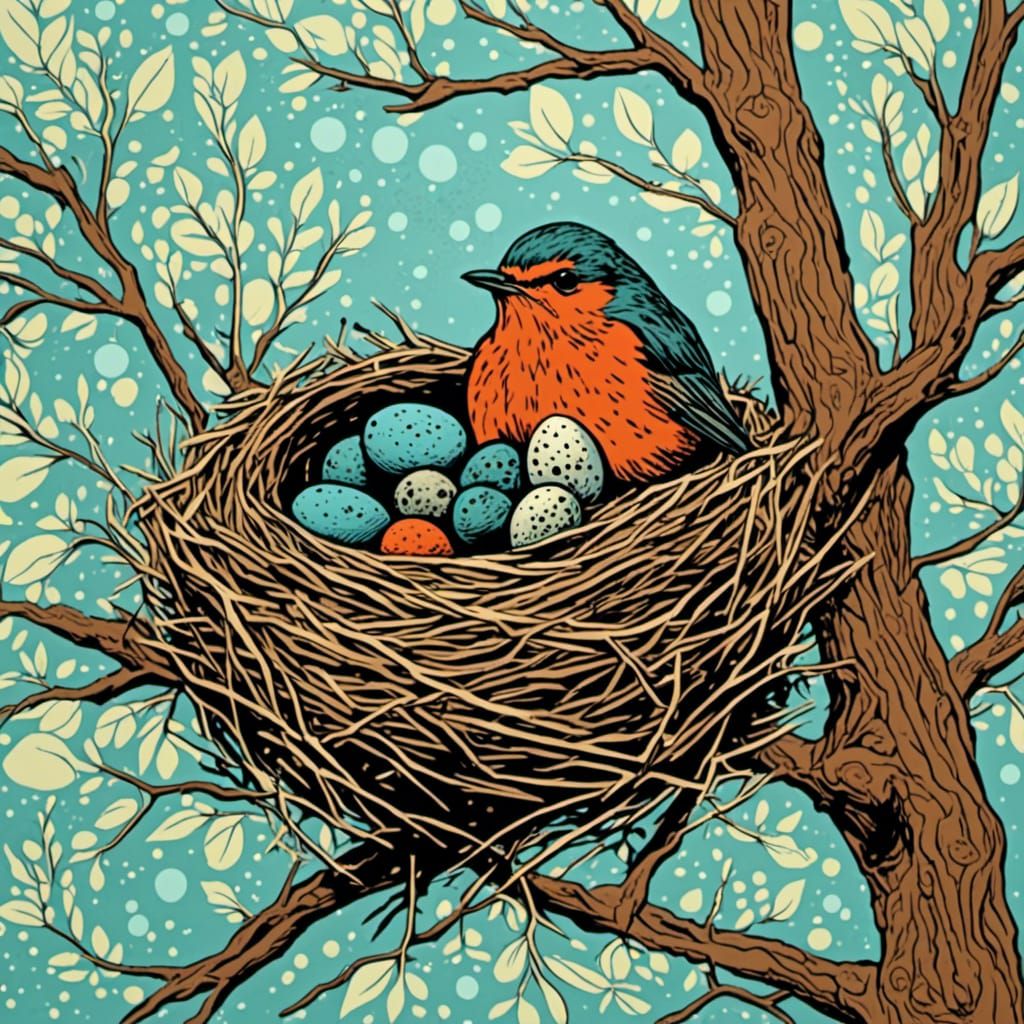 <lora:Screen Print:1.0> A robin sitting in her nest with her 3 speckled eggs, screen print