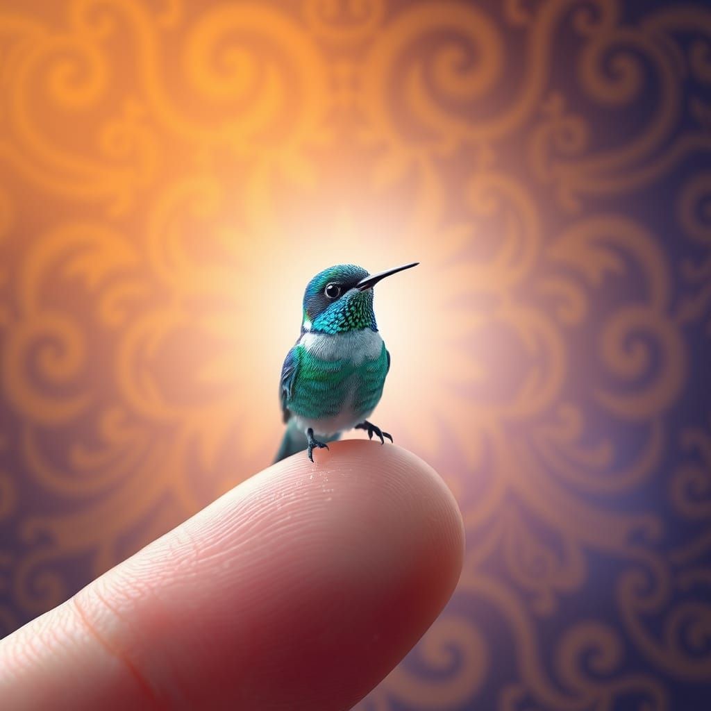 a very tiny blue hummingbird on a fingertip