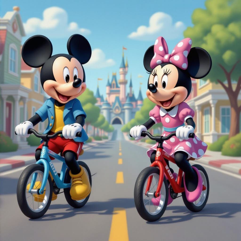 Mickey and Minnie Bike Race in Colorful Town