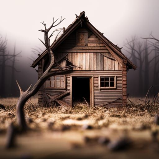 Creepy house made of wood and surrounded by dead trees. Wind...