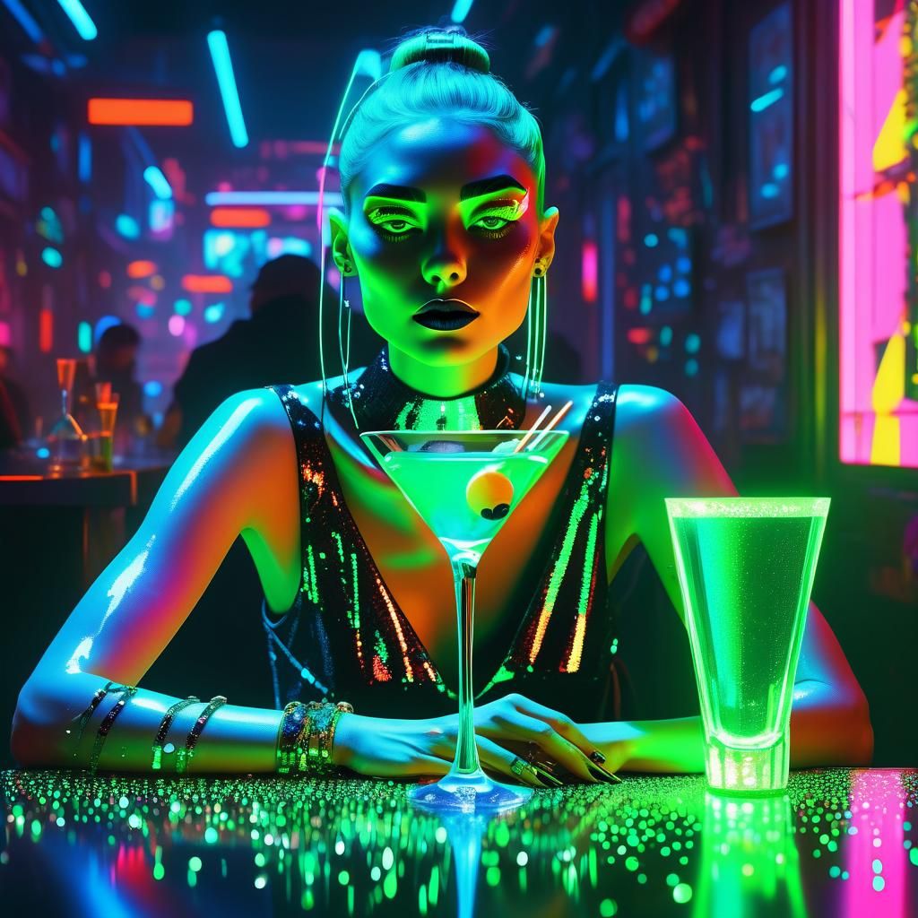 a woman sitting at a table with a martini in front of her, c...