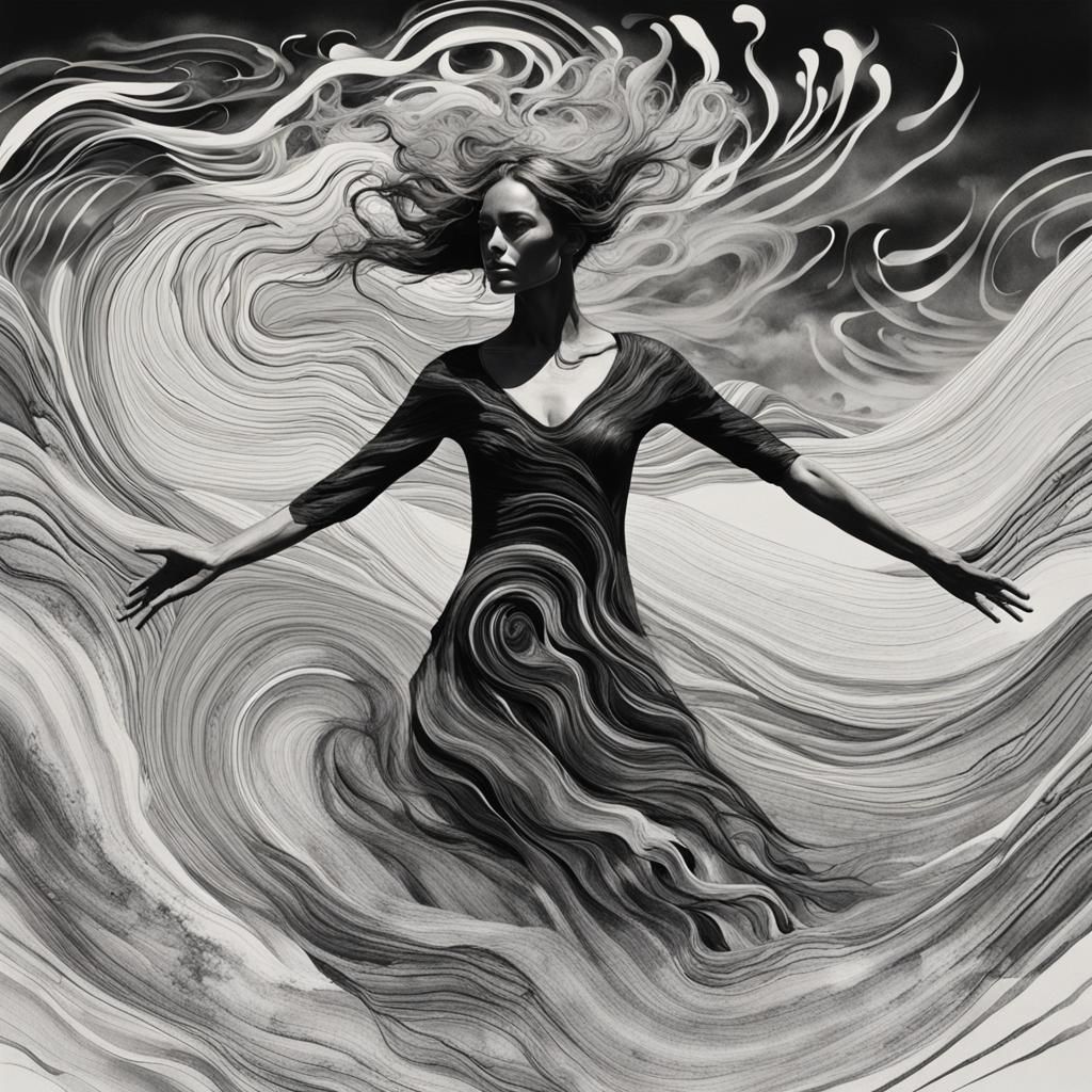Artistic black and white image featuring a central figure th...