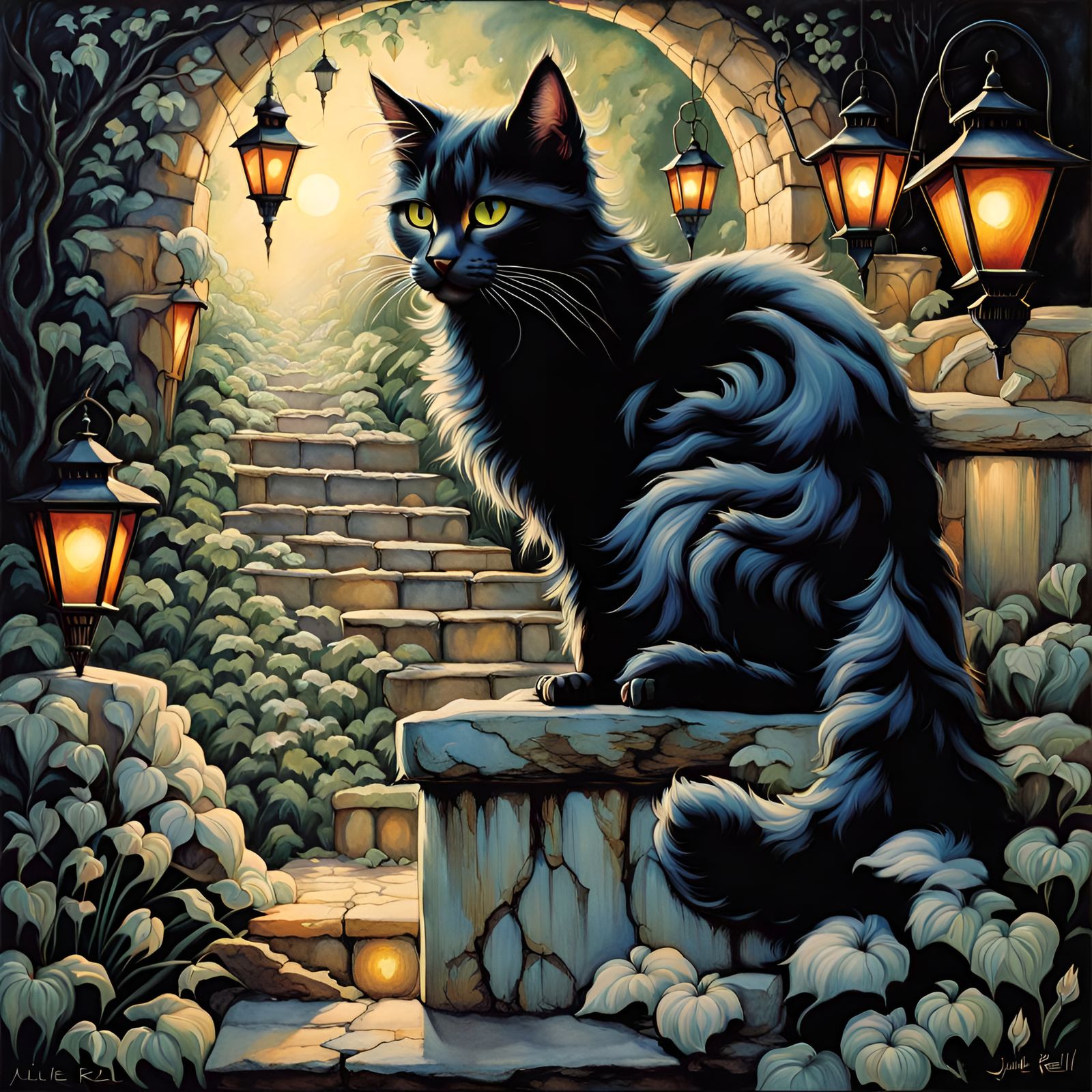 Beautiful fantasy cat, art by arthur rackham, by Julie Bell,...