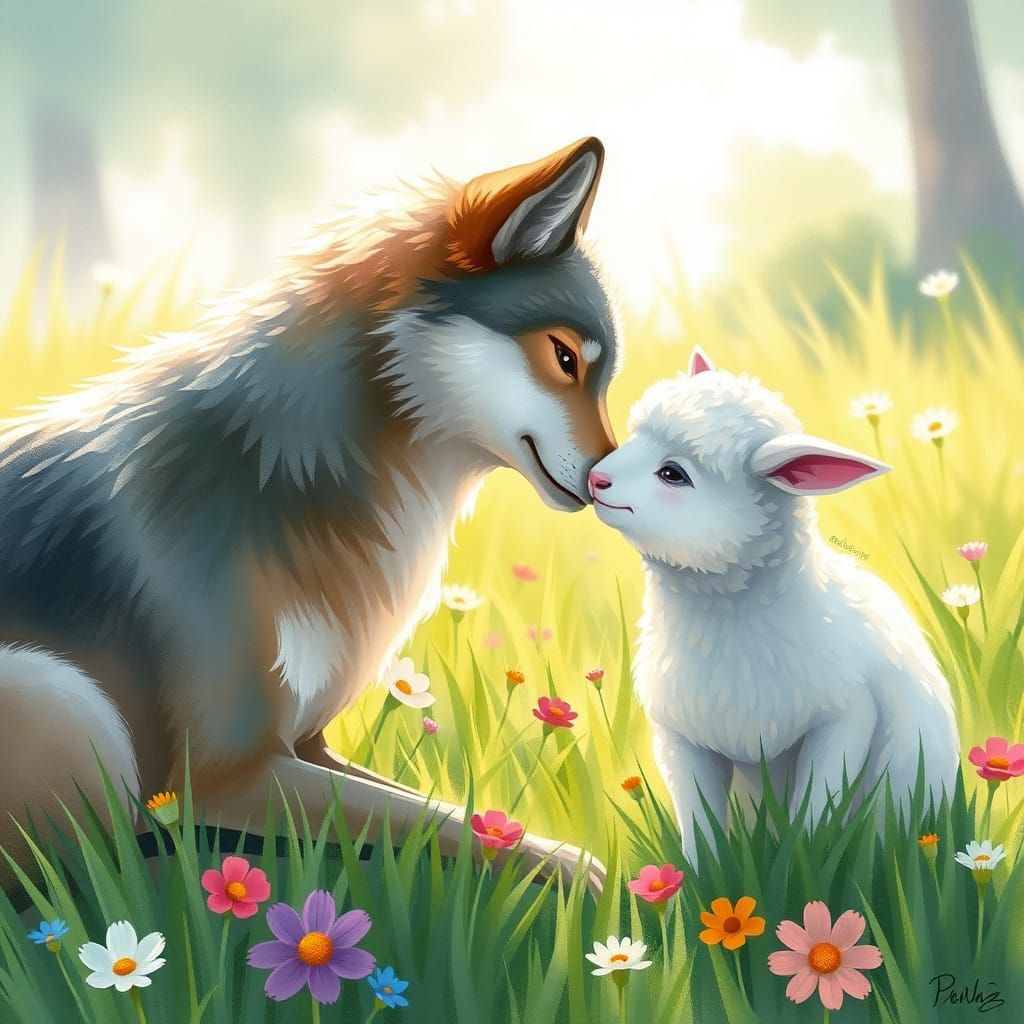 Wolf and Sheep in Whimsical Meadow