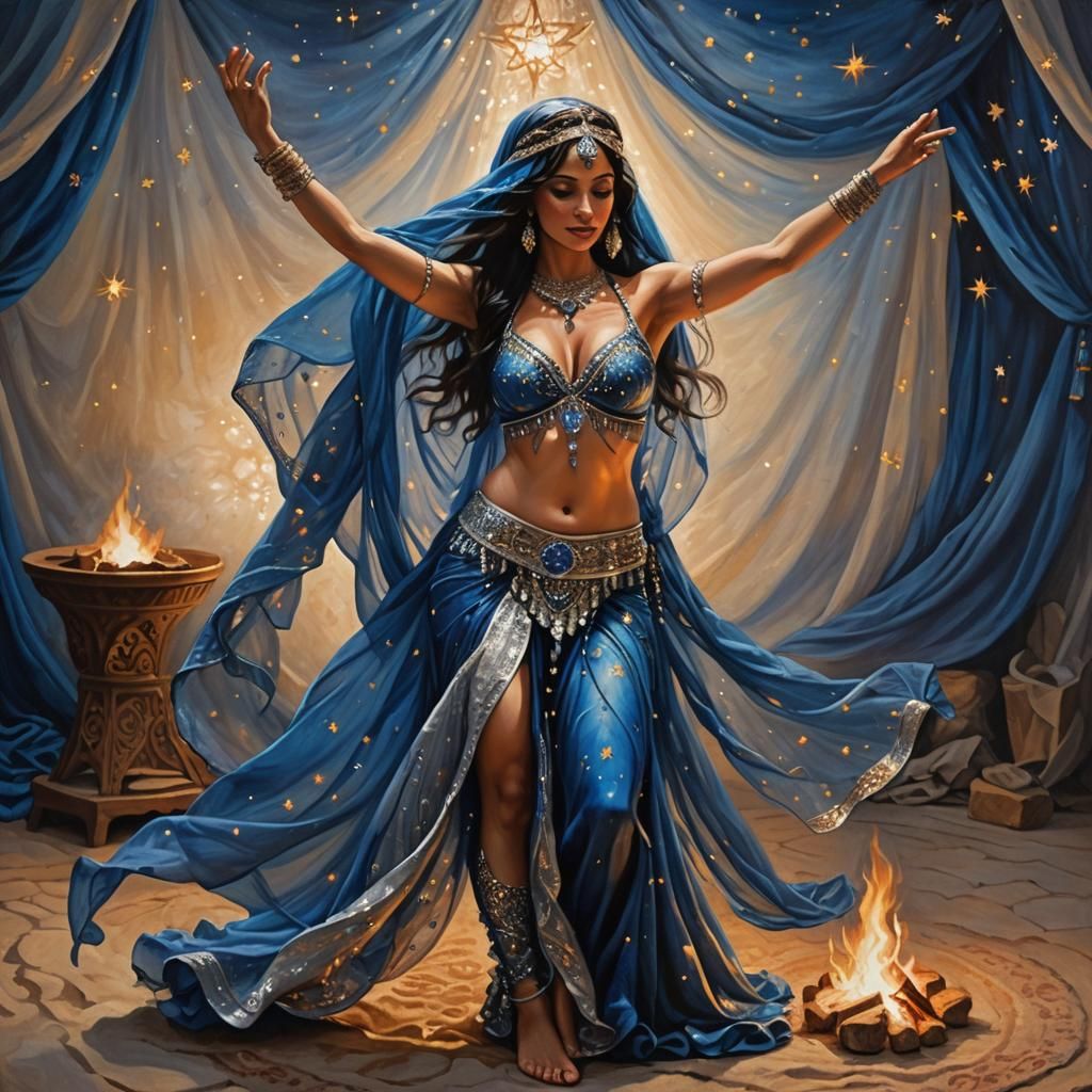 gorgeous, shapely, belly dancer, blue, starry veil, silver t...
