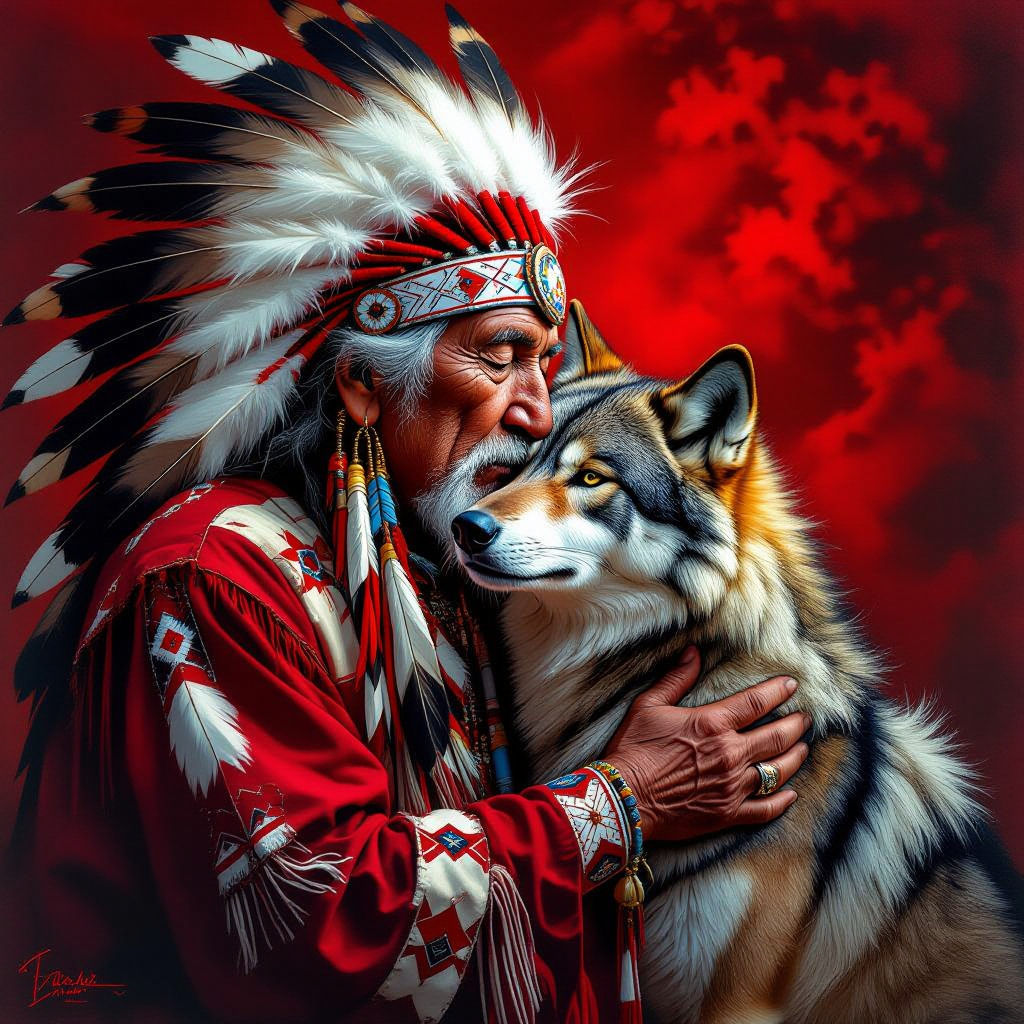 An old American Indian chief is showing affection to a Wolf