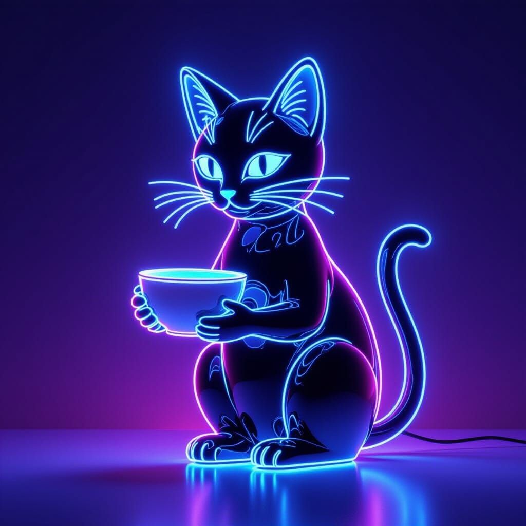 Neon Cat Sculpture with Sapphire and Emerald Glow