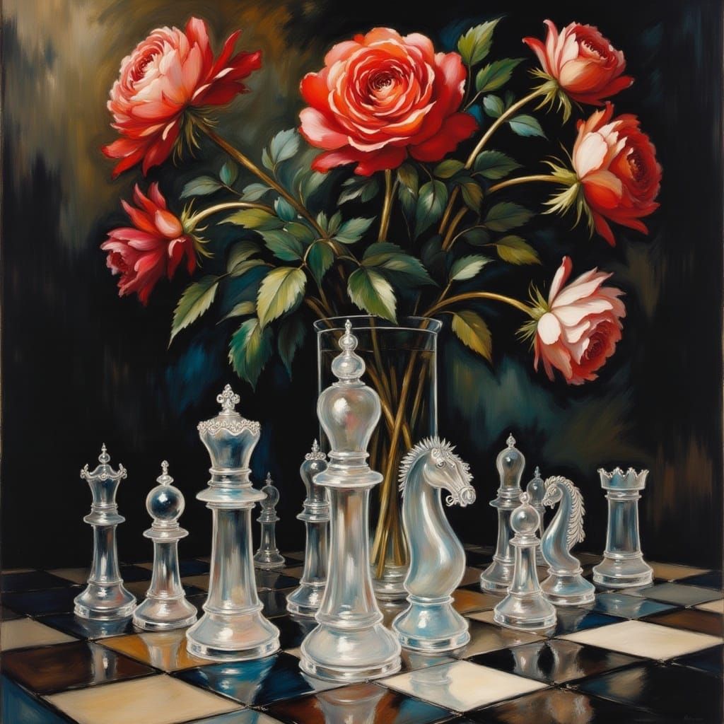 A still life of roses and crystal iridescent chess pieces <lora:Haunting Portraits:1.0> 