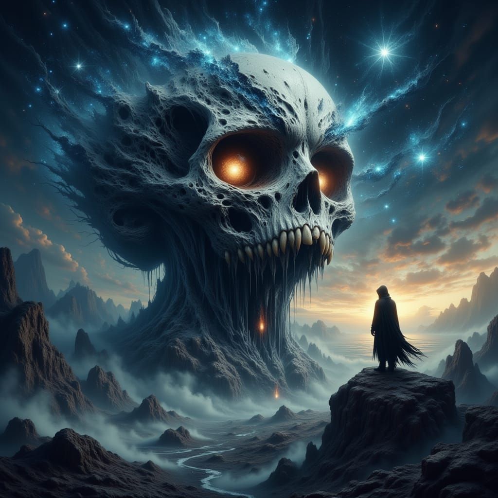 Hooded Ferryman Overlooking Skull Landscape in Surrealist St...