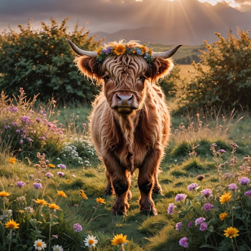 adorable baby highland cow with a wild flower crown in the s...
