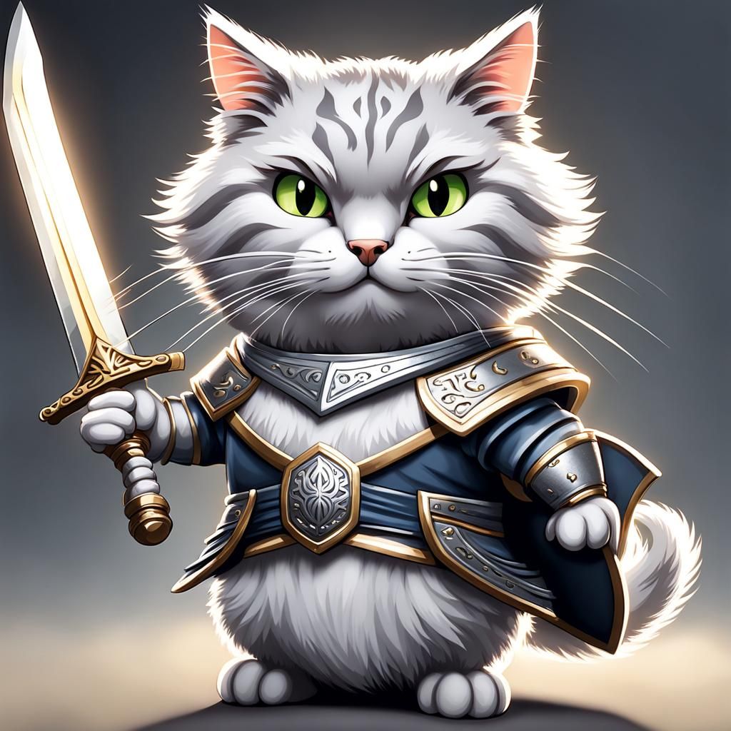 anthropomorphic gray and white tabby cat holding a sword and...