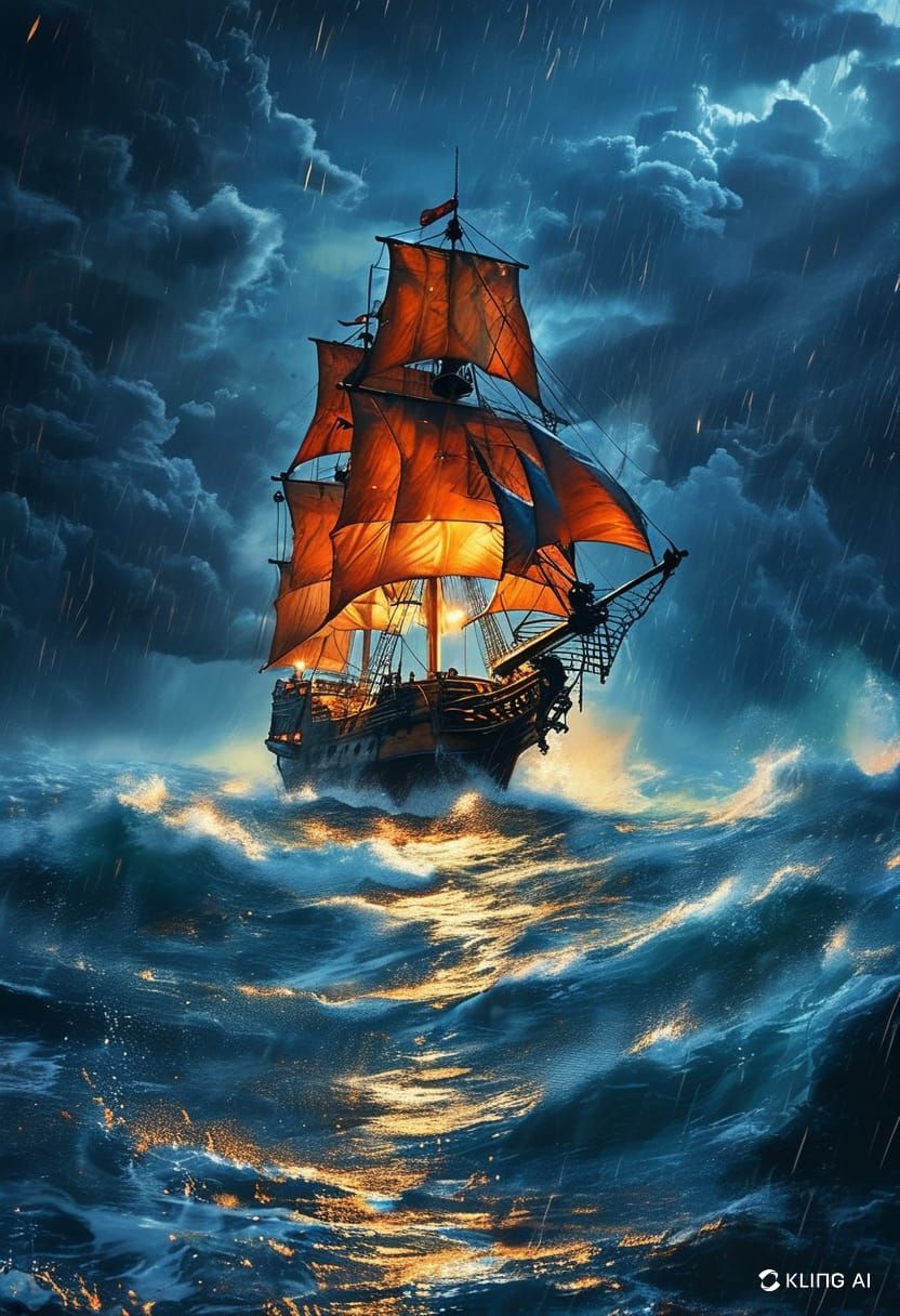 Imagen de un barco pirata hermoso y en medio de una turbulenta tormenta en el mar en la noche y rodeado de un lluvia muy...