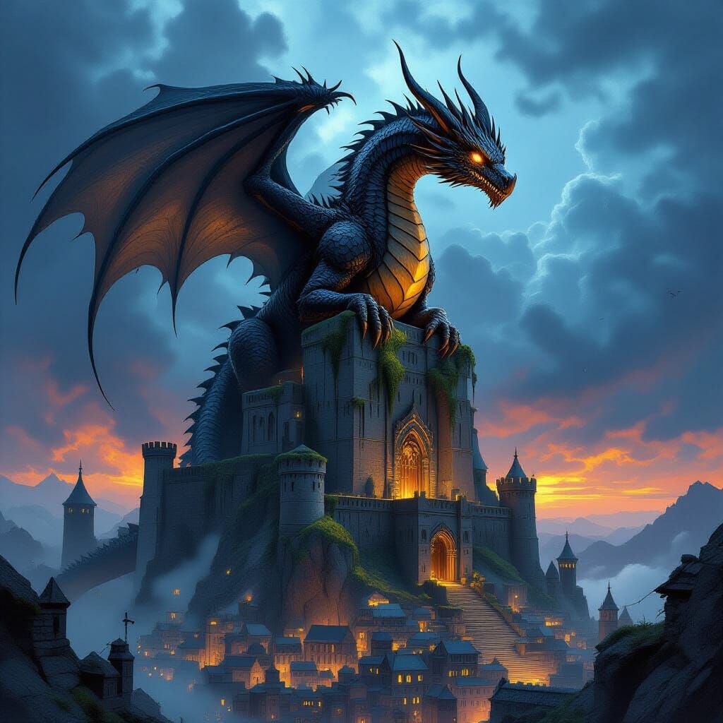 Ancient Dragon Over Citadel: Dark Fantasy Art