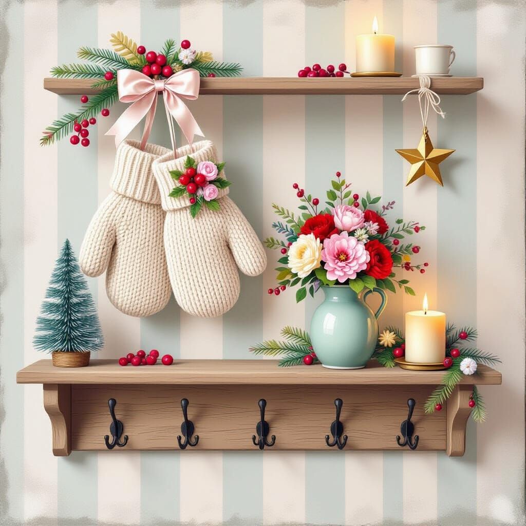 une peinture numérique shabby chic vibrante présentant une étagère en bois avec des crochets en dessous, suspendue à celle-ci se trouve une ...