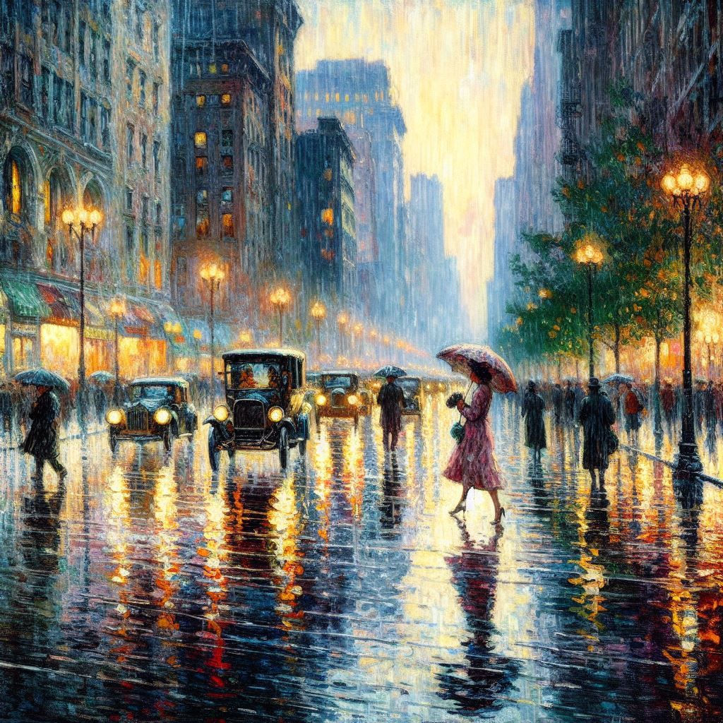 Shimmering Showers: The Iridescent Waltz of Rain on Streets