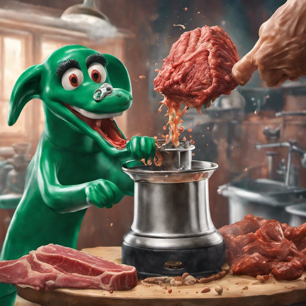 Gumby jumping into a meat grinder AI Generated Artwork NightCafe