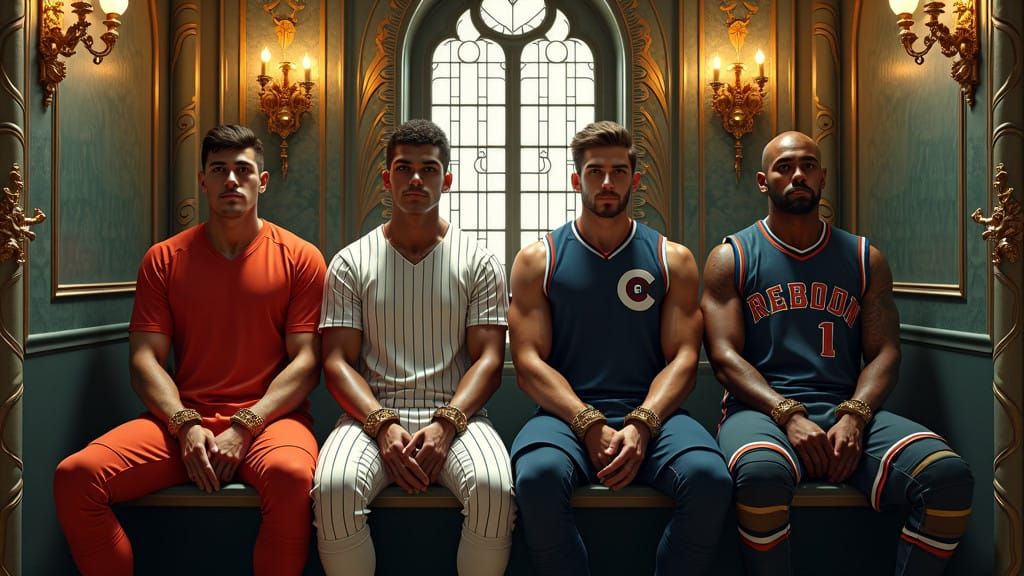a Football Player a baseball player a basketball player a hockey player all locked up in a  jail with handcuffs on all of them art nouveau r...