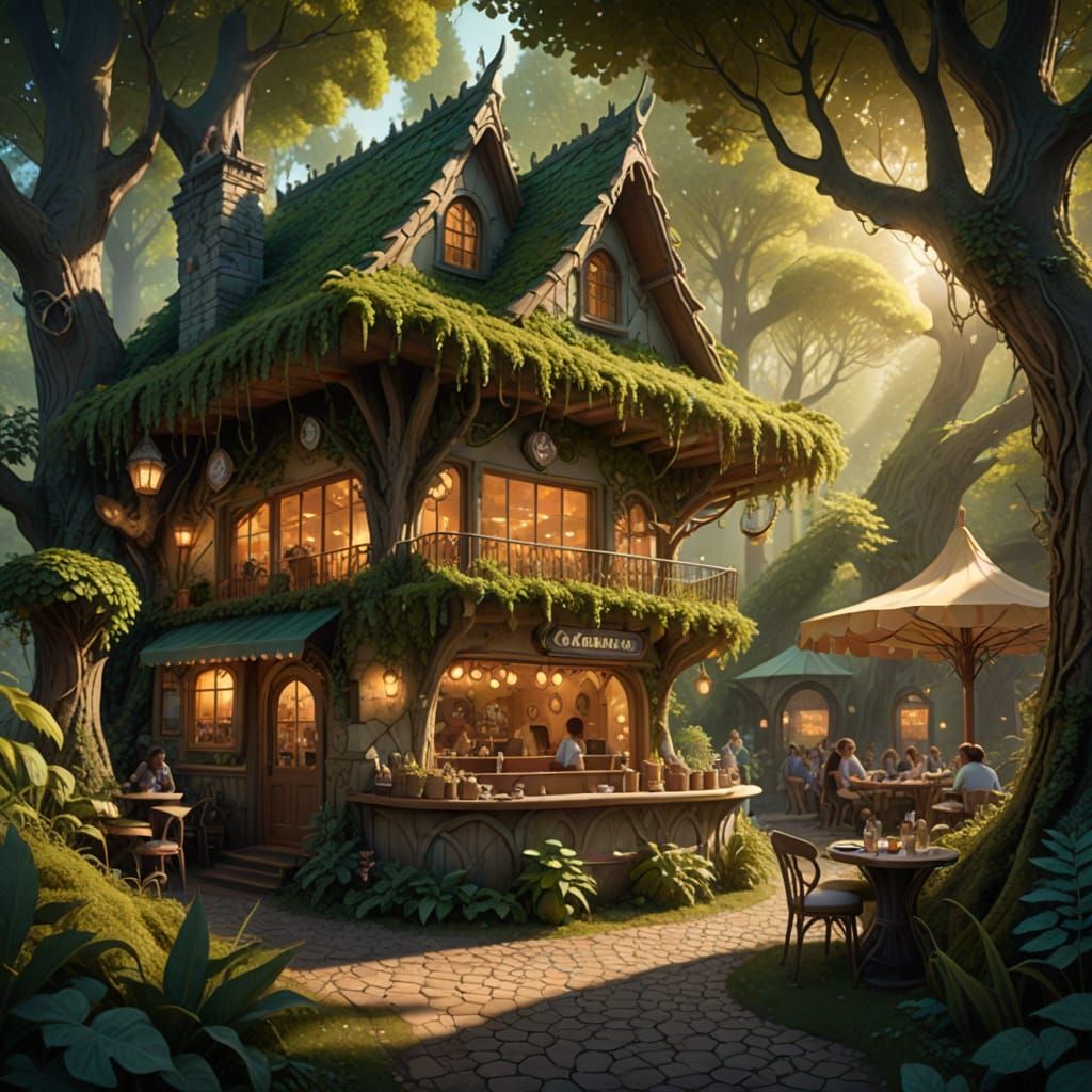 A woodland café run by mystical creatures serving enchanted brews
  by @Moonflowerrose