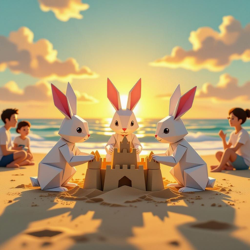 Origami Rabbits Build Sandcastle at Sunset