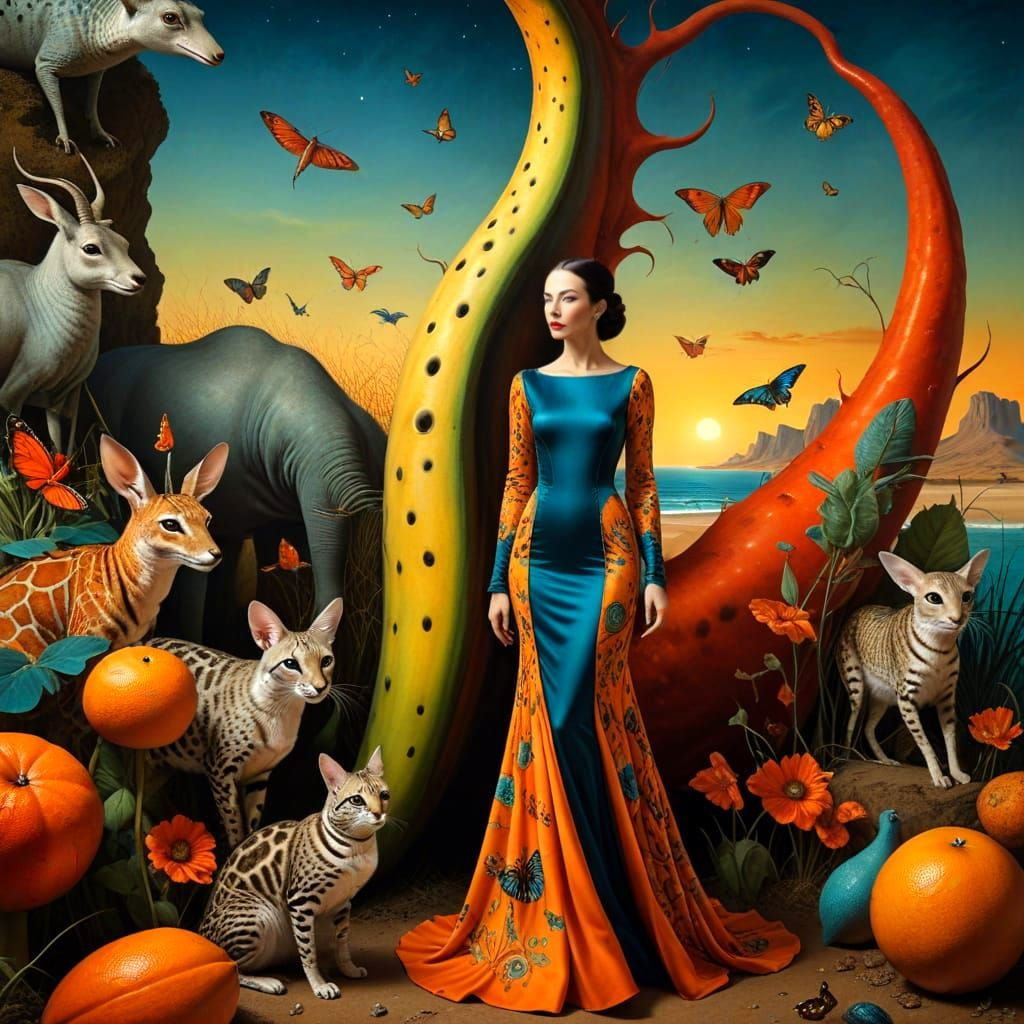 Extravagant Woman with Surreal Animals in Vibrant Colors