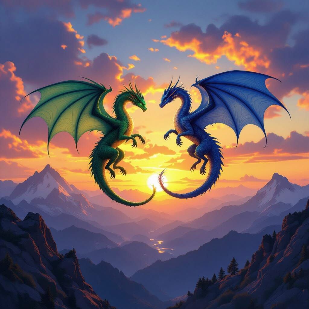 A breathtaking romantic scene set on a high mountain plateau at sunset, where two ancient dragons, one emerald and one sapphire, are entwine...