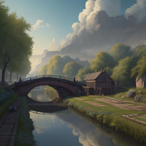 A countryside path, running alongside a canal, with barges