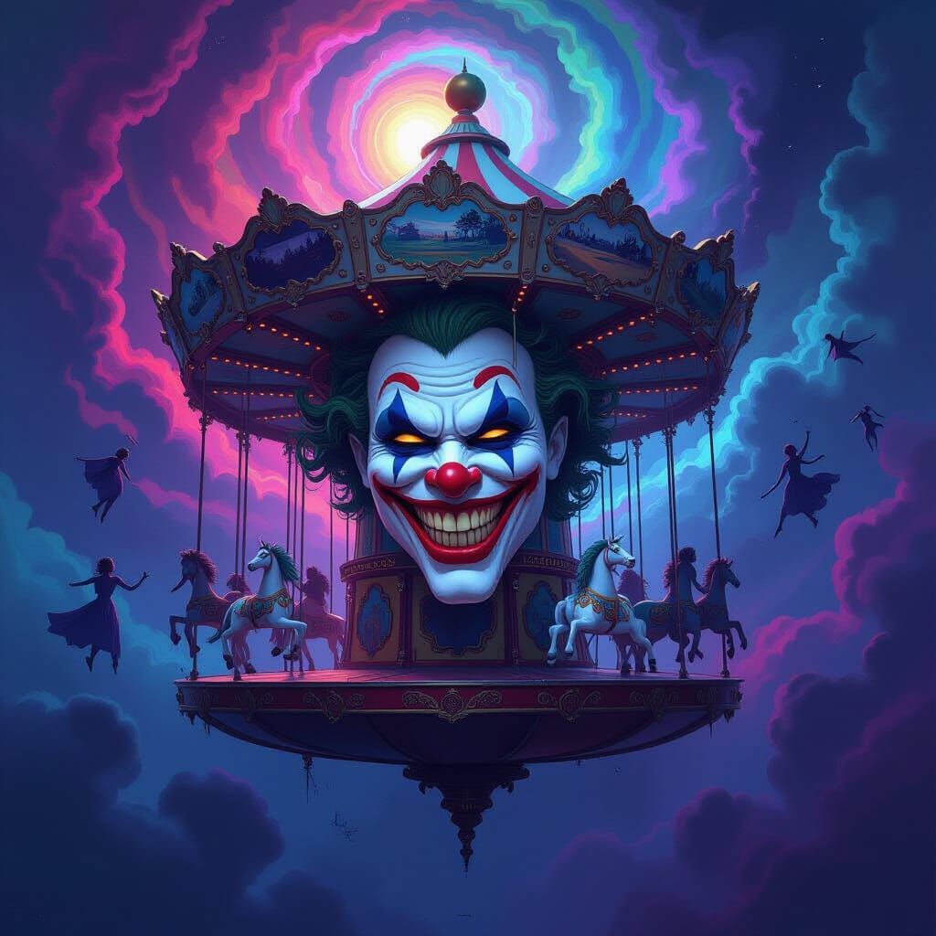 A lone, carousel , depicting a melancholic Joker, floats in a void of swirling rainbow and distant, alien dancing. The carousel itself seems...