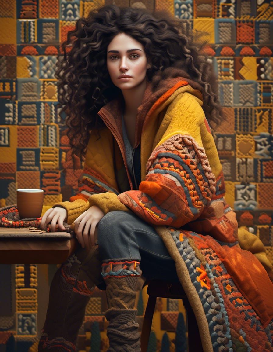 full Body, Female model in her 20s pariser Art, yellow orange, simple, folk, caucasian, dark hair, mysterious charm, rough and textured natu...