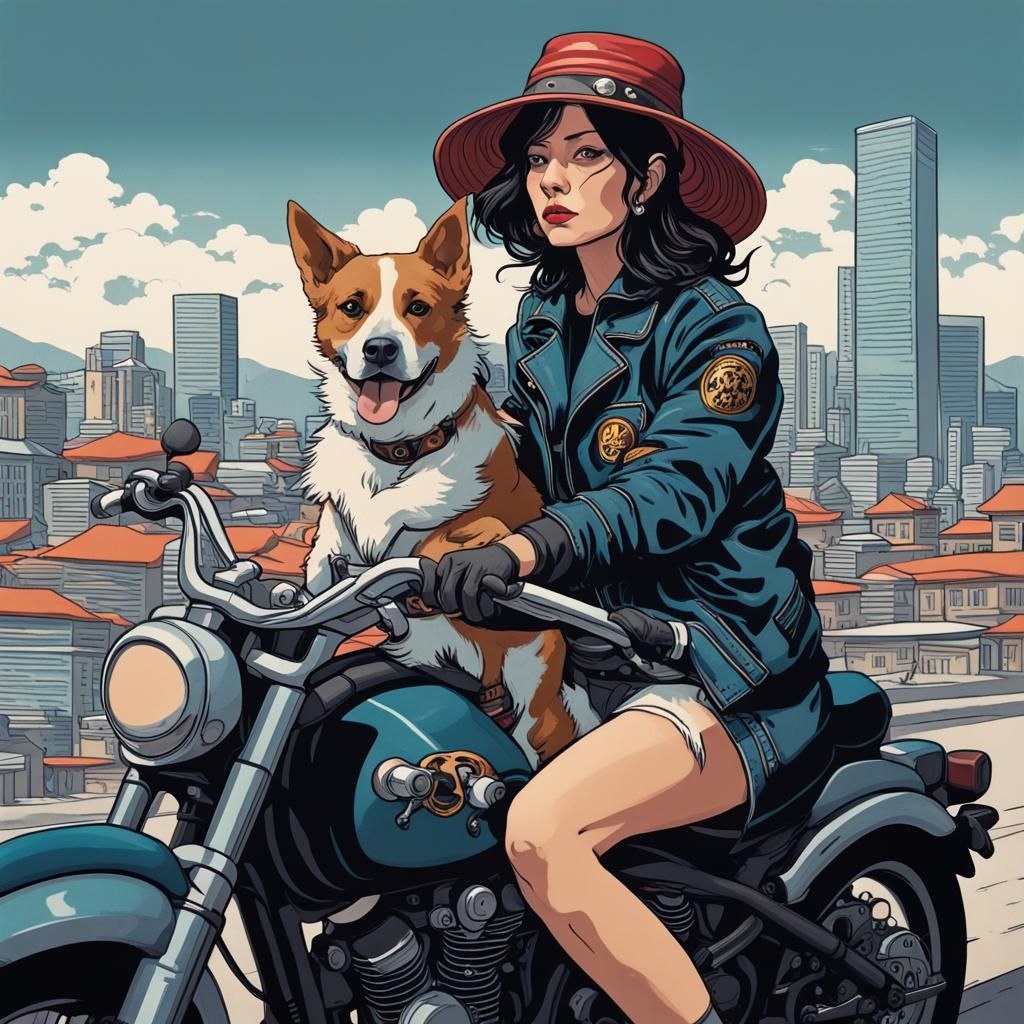 Motorcycle lady with dog