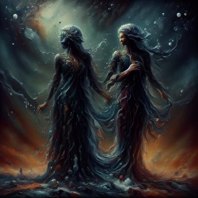 <lora:Fluidity SD15:1.0> <lora:Water:1.0> <lora:Liquid Pouring SD15:1.0> 2 Dark shadow spooks with white eyes