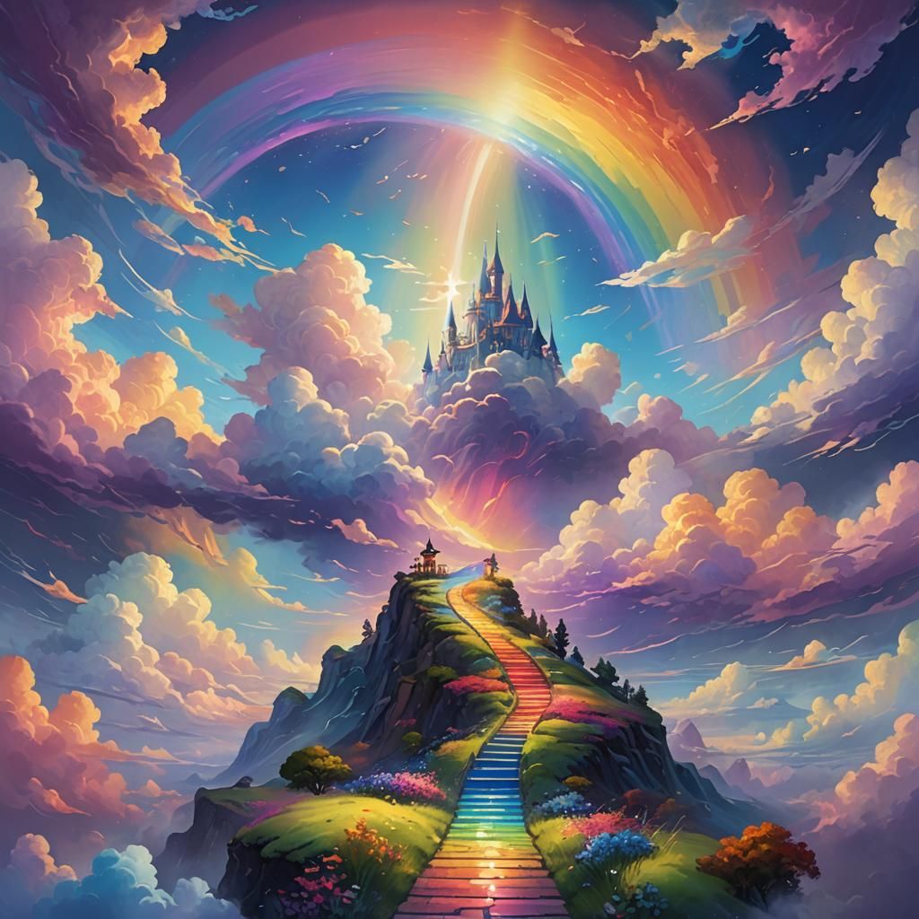 A digital artwork featuringa shining path made of rainbows leading to the upper sky, around which there ...  by @Guru GodAI