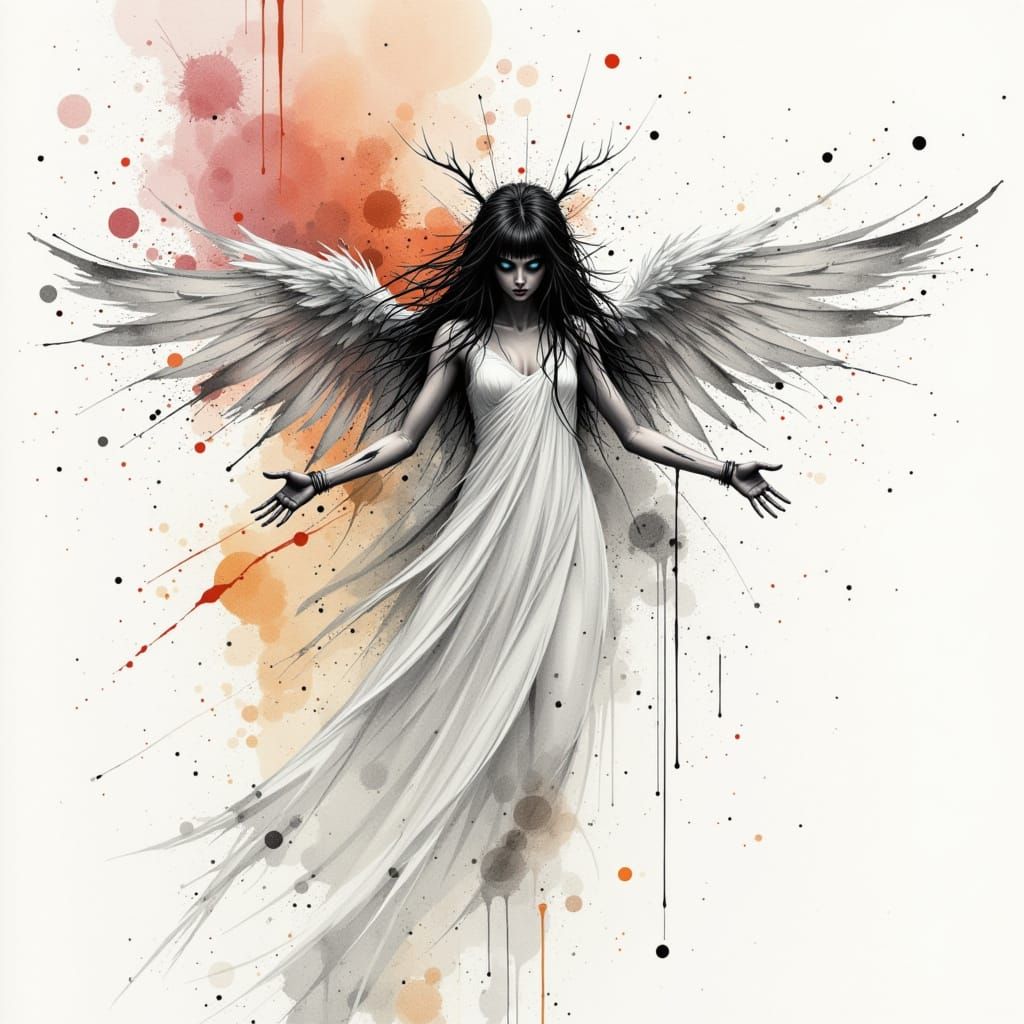  <lora:Wet ink spatter:1.0> watercolor angel