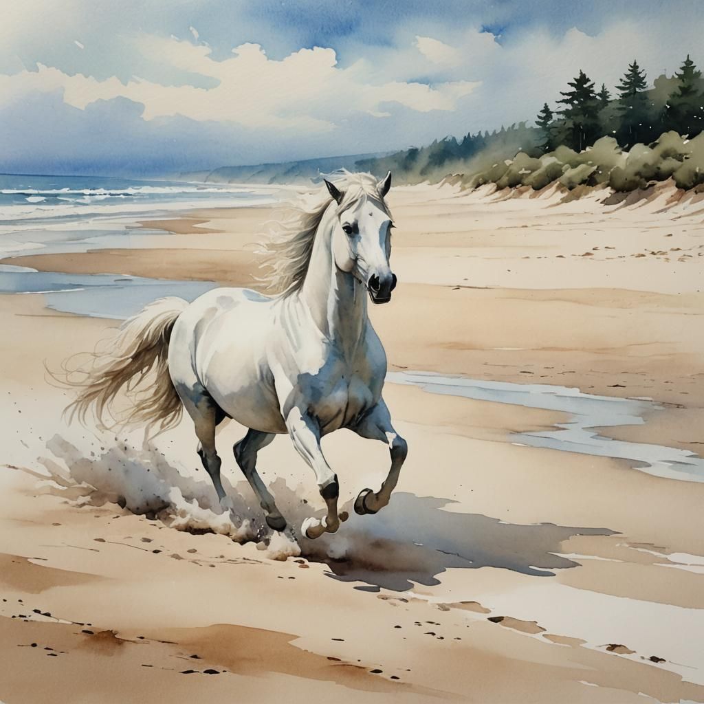 a white horse running on a beach