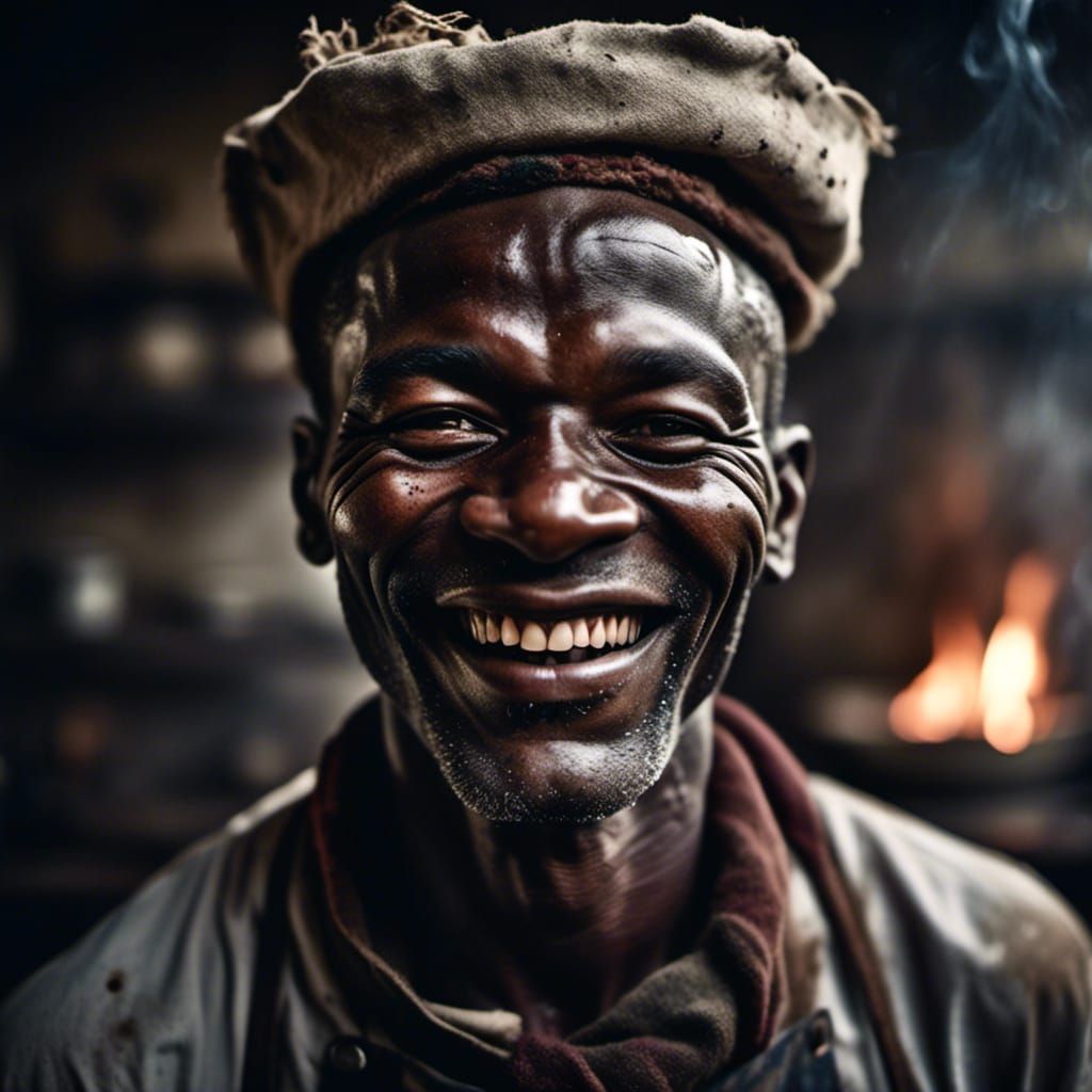 <lora:Tanktown People:1.0>laughing male cook, drab day, volumetric lighting, dramatic centered view 