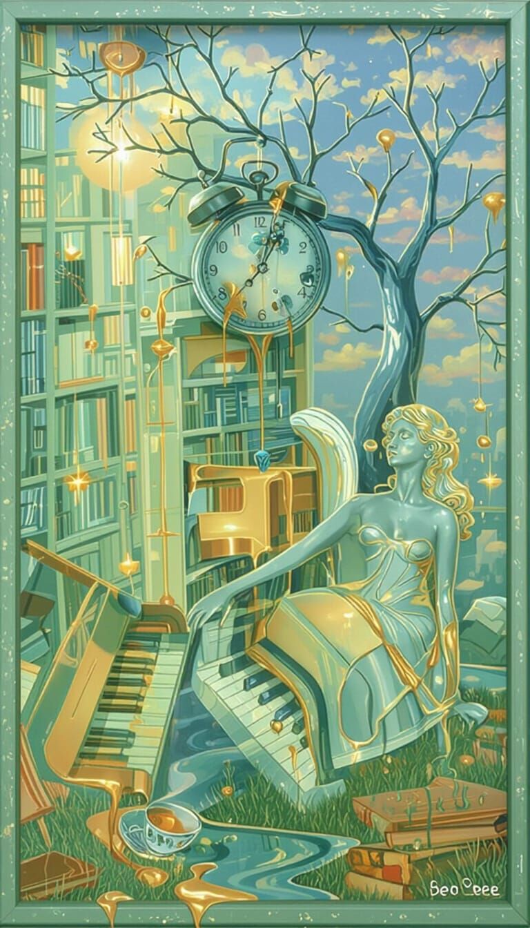 A miniature, clockwork city built entirely from discarded playing tarot cards, nestled within a giant, moss-covered teacup. Tiny gears and l...