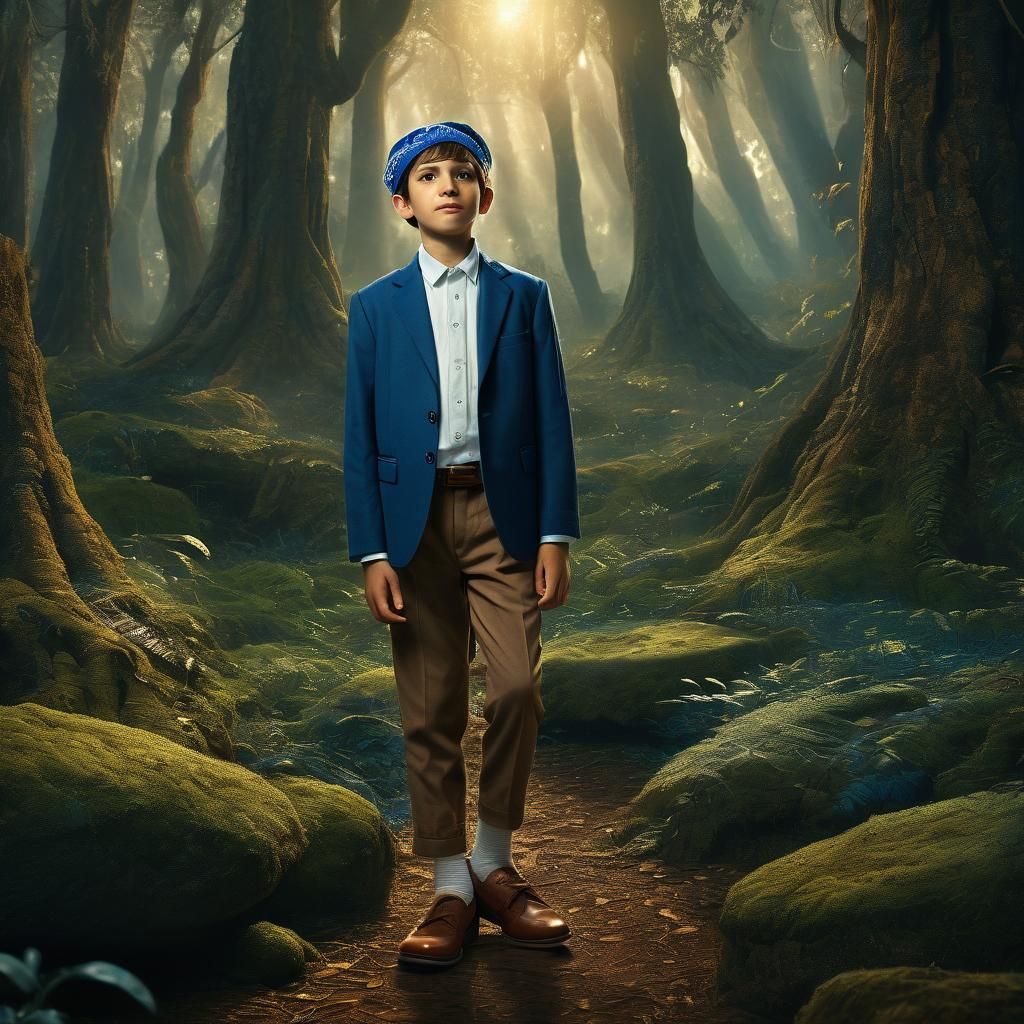Ancient Boy in Whimsical Forest Landscape